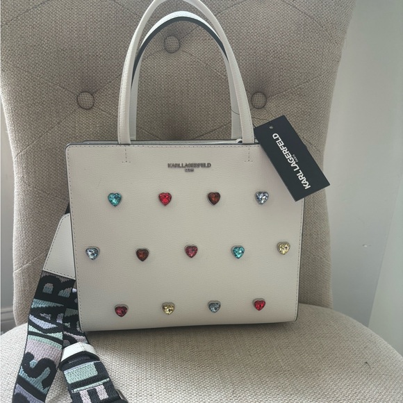 Karl Lagerfeld White Cross Body Bag with crystal Heart Embellishments - Picture 4 of 8